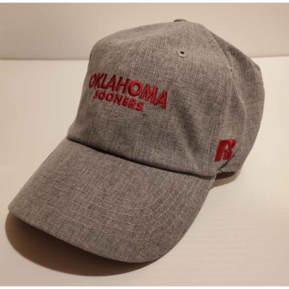 New Mens Russell Gray Oklahoma Sooners Facet Adjustable Hat Red Logo OU